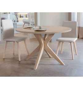 modèle de table ronde extensible Tulipe présenté en version fixe en chêne blanchi