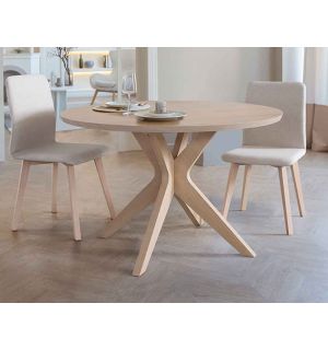 modèle de table ronde extensible Tulipe présenté en version fixe en chêne blanchi
