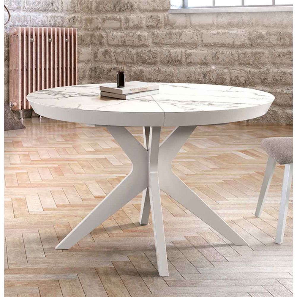 Table ronde extensible diametre 105 cm plateau ceramique Marbre et pieds en laqué blanc