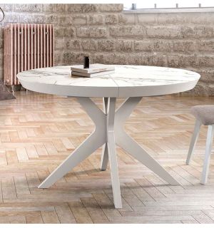 Table ronde extensible diametre 105 cm plateau ceramique Marbre et pieds en laqué blanc